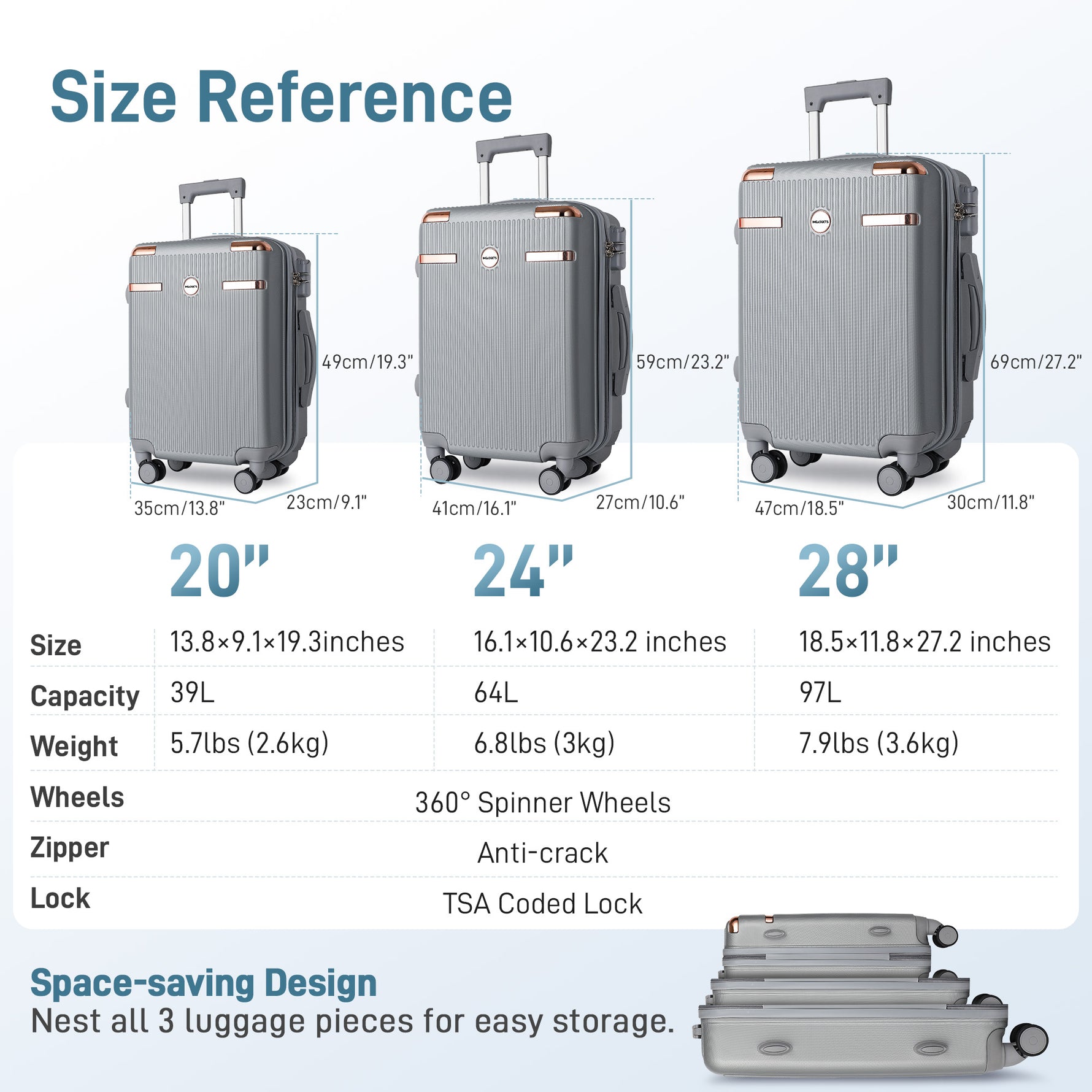 Ensemble de bagages IMGadgets Go (3 pièces) | Polycarbonate ABS léger et résistant | 4 roues doubles multidirectionnelles à 360° | Cadenas homologué TSA | 3 balises GPS intelligentes | Design spacieux | Poignée télescopique en fer 