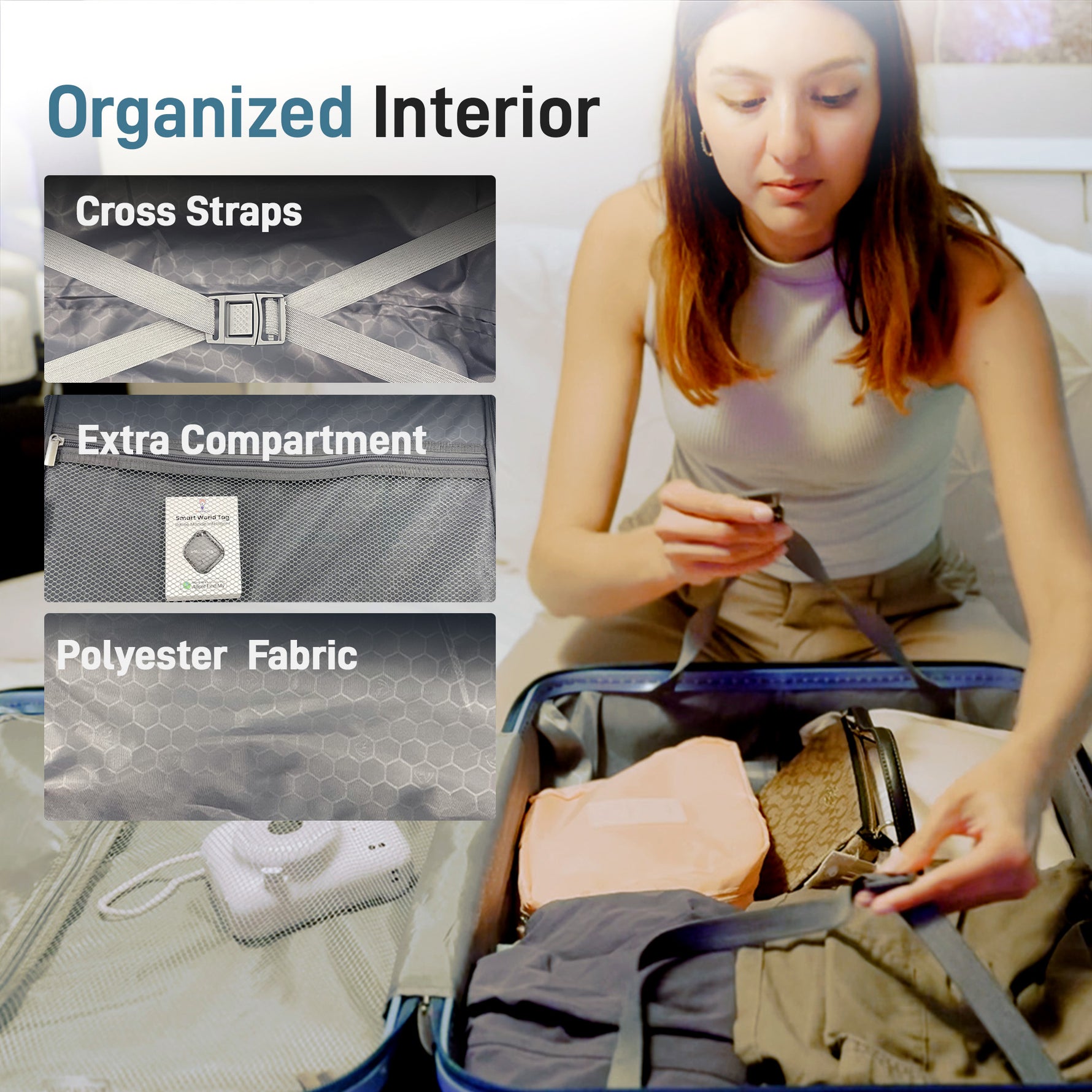 Ensemble de bagages IMGadgets Go (3 pièces) | Polycarbonate ABS léger et résistant | 4 roues doubles multidirectionnelles à 360° | Cadenas homologué TSA | 3 balises GPS intelligentes | Design spacieux | Poignée télescopique en fer 
