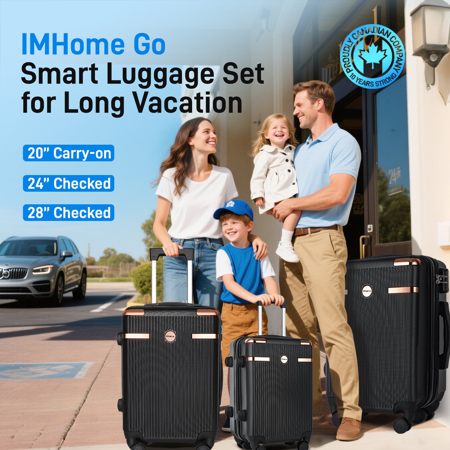 Ensemble de bagages IMGadgets Go (3 pièces) | Polycarbonate ABS léger et résistant | 4 roues doubles multidirectionnelles à 360° | Cadenas homologué TSA | 3 balises GPS intelligentes | Design spacieux | Poignée télescopique en fer 