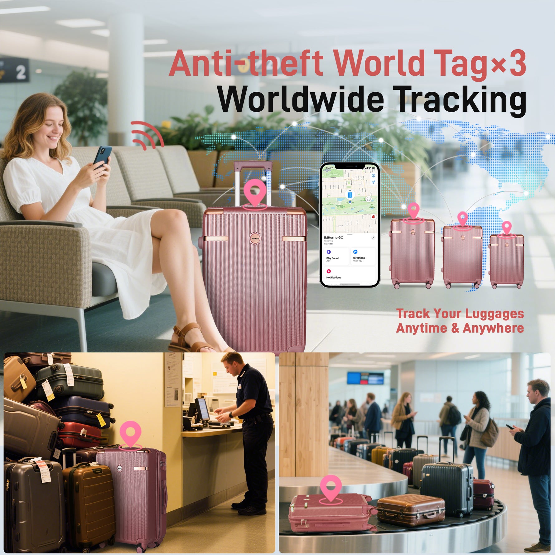 Ensemble de bagages IMGadgets Go (3 pièces) | Polycarbonate ABS léger et résistant | 4 roues doubles multidirectionnelles à 360° | Cadenas homologué TSA | 3 balises GPS intelligentes | Design spacieux | Poignée télescopique en fer 
