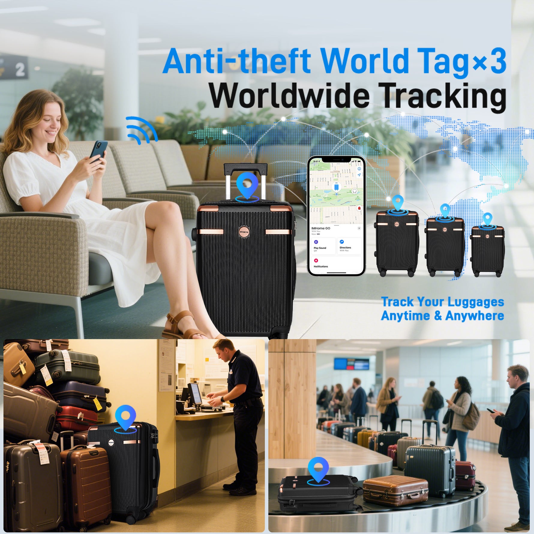 Ensemble de bagages IMGadgets Go (3 pièces) | Polycarbonate ABS léger et résistant | 4 roues doubles multidirectionnelles à 360° | Cadenas homologué TSA | 3 balises GPS intelligentes | Design spacieux | Poignée télescopique en fer 