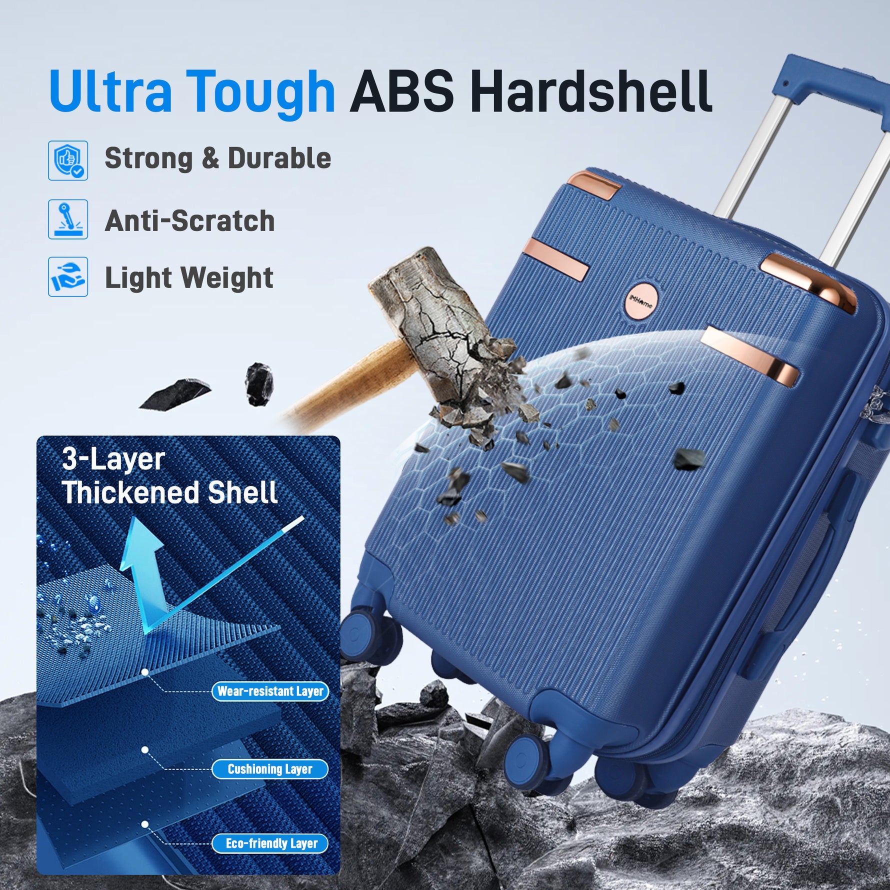 Ensemble de bagages IMGadgets Go (3 pièces) | Polycarbonate ABS léger et résistant | 4 roues doubles multidirectionnelles à 360° | Cadenas homologué TSA | 3 balises GPS intelligentes | Design spacieux | Poignée télescopique en fer 