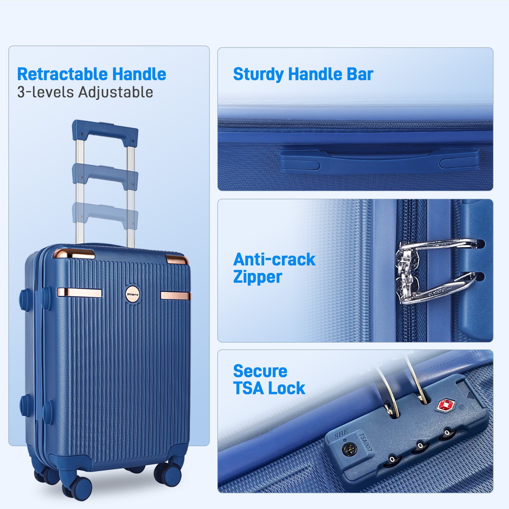Ensemble de bagages IMGadgets Go (3 pièces) | Polycarbonate ABS léger et résistant | 4 roues doubles multidirectionnelles à 360° | Cadenas homologué TSA | 3 balises GPS intelligentes | Design spacieux | Poignée télescopique en fer 