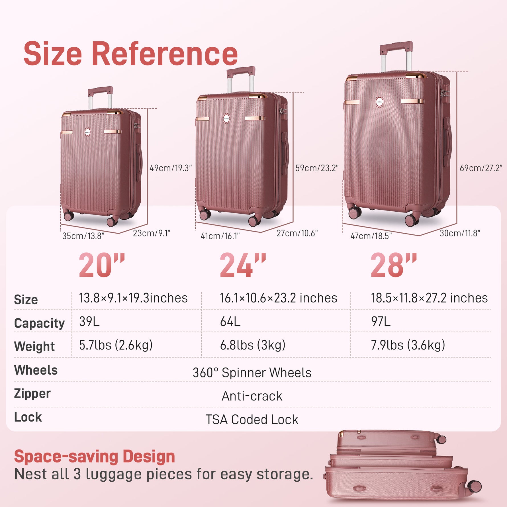 Ensemble de bagages IMGadgets Go (3 pièces) | Polycarbonate ABS léger et résistant | 4 roues doubles multidirectionnelles à 360° | Cadenas homologué TSA | 3 balises GPS intelligentes | Design spacieux | Poignée télescopique en fer 