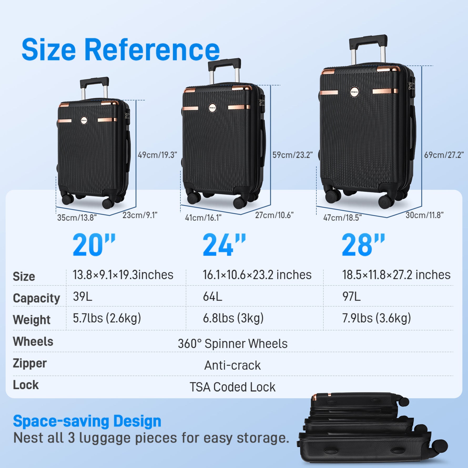 Ensemble de bagages IMGadgets Go (3 pièces) | Polycarbonate ABS léger et résistant | 4 roues doubles multidirectionnelles à 360° | Cadenas homologué TSA | 3 balises GPS intelligentes | Design spacieux | Poignée télescopique en fer 