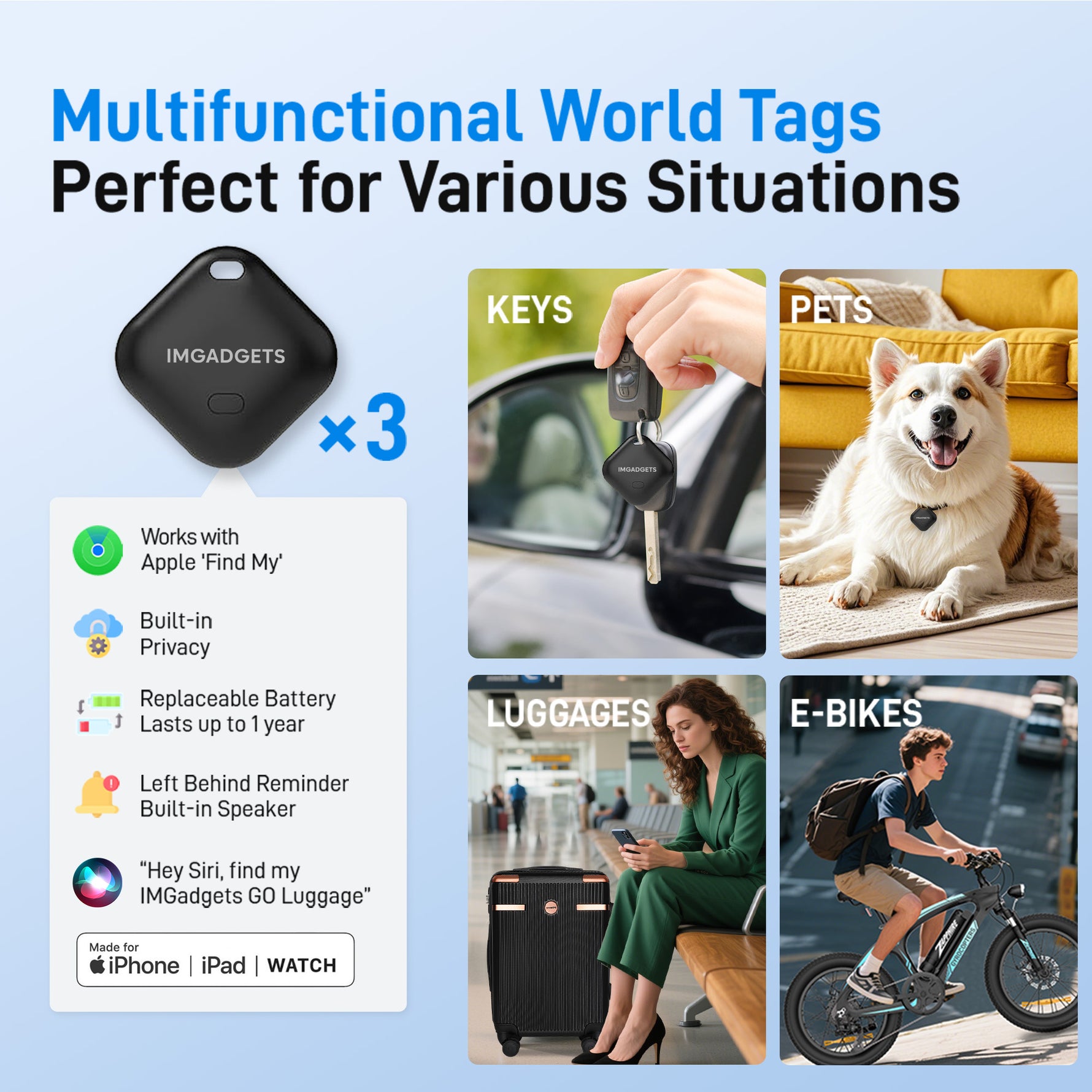 Ensemble de bagages IMGadgets Go (3 pièces) | Polycarbonate ABS léger et résistant | 4 roues doubles multidirectionnelles à 360° | Cadenas homologué TSA | 3 balises GPS intelligentes | Design spacieux | Poignée télescopique en fer 