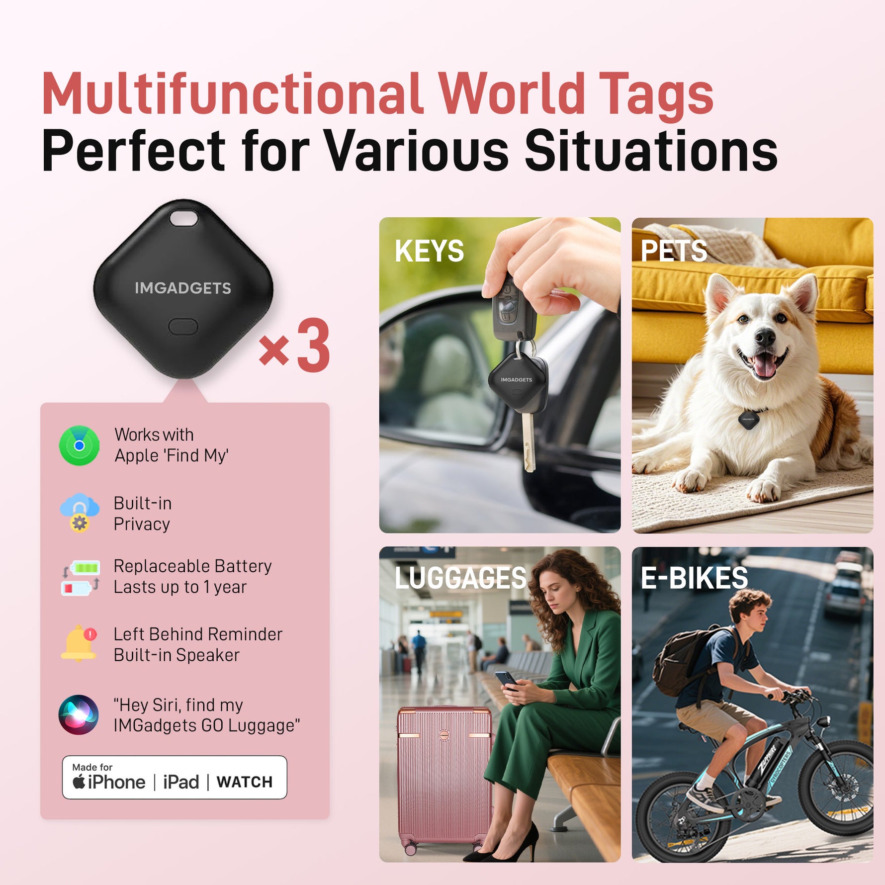 Ensemble de bagages IMGadgets Go (3 pièces) | Polycarbonate ABS léger et résistant | 4 roues doubles multidirectionnelles à 360° | Cadenas homologué TSA | 3 balises GPS intelligentes | Design spacieux | Poignée télescopique en fer 