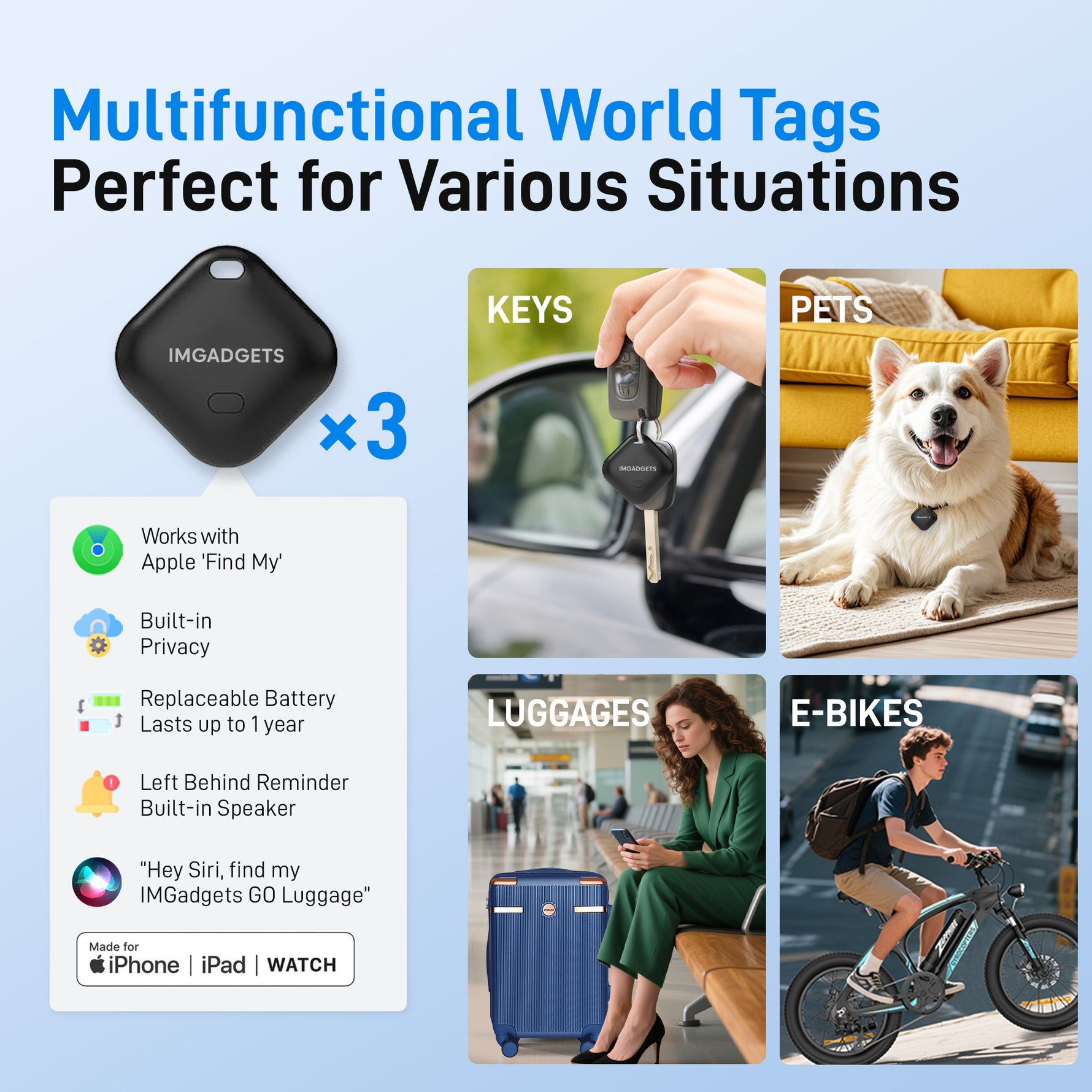 Ensemble de bagages IMGadgets Go (3 pièces) | Polycarbonate ABS léger et résistant | 4 roues doubles multidirectionnelles à 360° | Cadenas homologué TSA | 3 balises GPS intelligentes | Design spacieux | Poignée télescopique en fer 