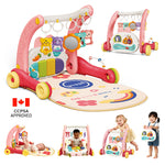 Pink and white baby activity gym and play mat set with colorful hanging toys, shown on a white background with multiple usage views and a Canadian CCPSA approval badge. The main product is the large activity gym and mat in the center-left, with smaller inset images showing babies and a toddler using it.