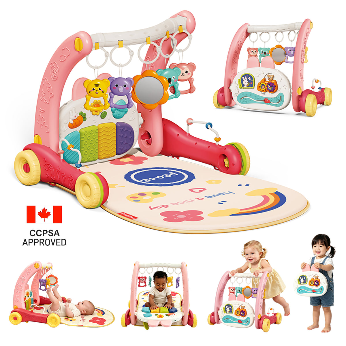 Pink and white baby activity gym and play mat set with colorful hanging toys, shown on a white background with multiple usage views and a Canadian CCPSA approval badge. The main product is the large activity gym and mat in the center-left, with smaller inset images showing babies and a toddler using it.