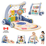 A baby activity gym and play mat set shown on a white background, with multiple views and small lifestyle photos of children using it. The main product is a blue and lavender wheeled activity gym with hanging toys, a mirror, textured panels, and a matching printed play mat.