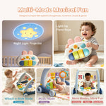 A promotional collage for a baby musical toy and light projector set, showing babies using the product in a home setting. The collage includes text labels for features such as 'Night Light Projector,' 'Light-Up Piano Keys,' 'Whack-a-Mole Mode,' 'Music Mode,' and 'More Modes, More Fun.