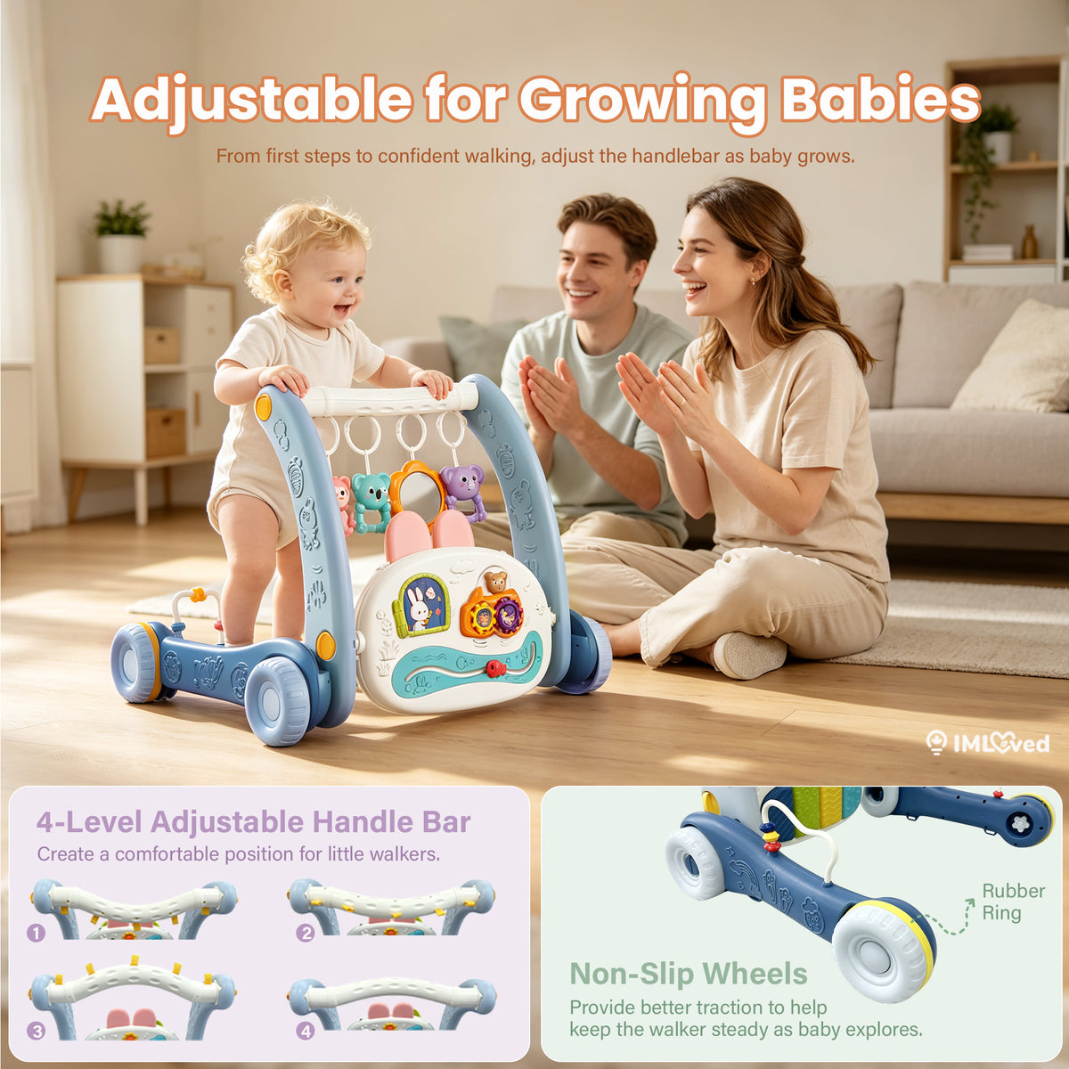 A baby walker with a colorful activity panel and hanging toys is shown in a bright living room while a toddler stands on it. A smiling man and woman sit behind, clapping.