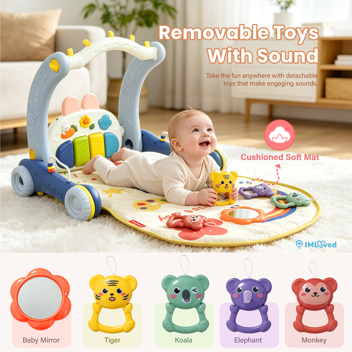 A baby lies on a colorful activity play mat in a bright living room. The mat has an arch with toys and text overlays reading 'Removable Toys With Sound' and 'Cushioned Soft Mat.