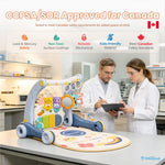 A baby activity gym and play mat set on a white table in a lab-like room, with two scientists in white coats reviewing a clipboard. Large text at the top says 'CCPSA/SOR Approved for Canada' with a Canadian flag, and feature icons call out safety, non-toxic surfaces, reliability, kids-friendly material, and Canadian safety standards.
