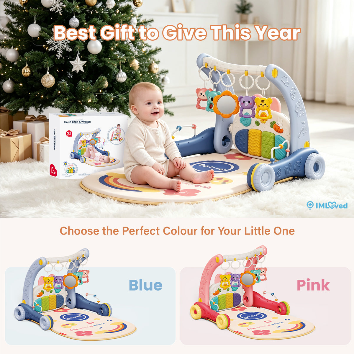A baby activity gym and play mat set shown in a cozy holiday living room with a baby sitting on the mat. The set includes a blue and white activity frame with hanging toys, a round play mat, and the product box.