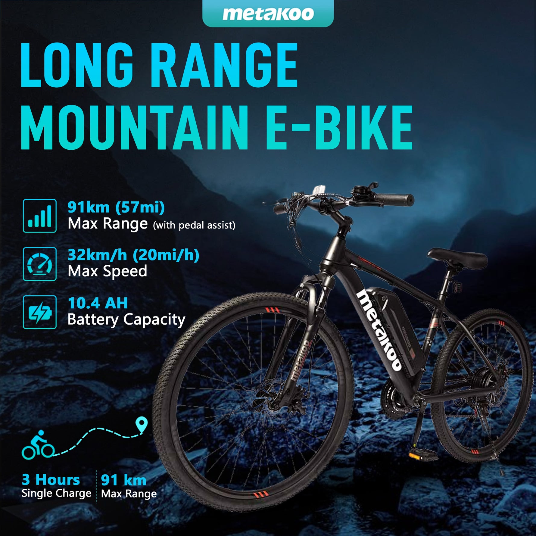 METAKOO Cybertrack 100 Electric Mountain Bike - 91KM PAS Range, 26” Tires