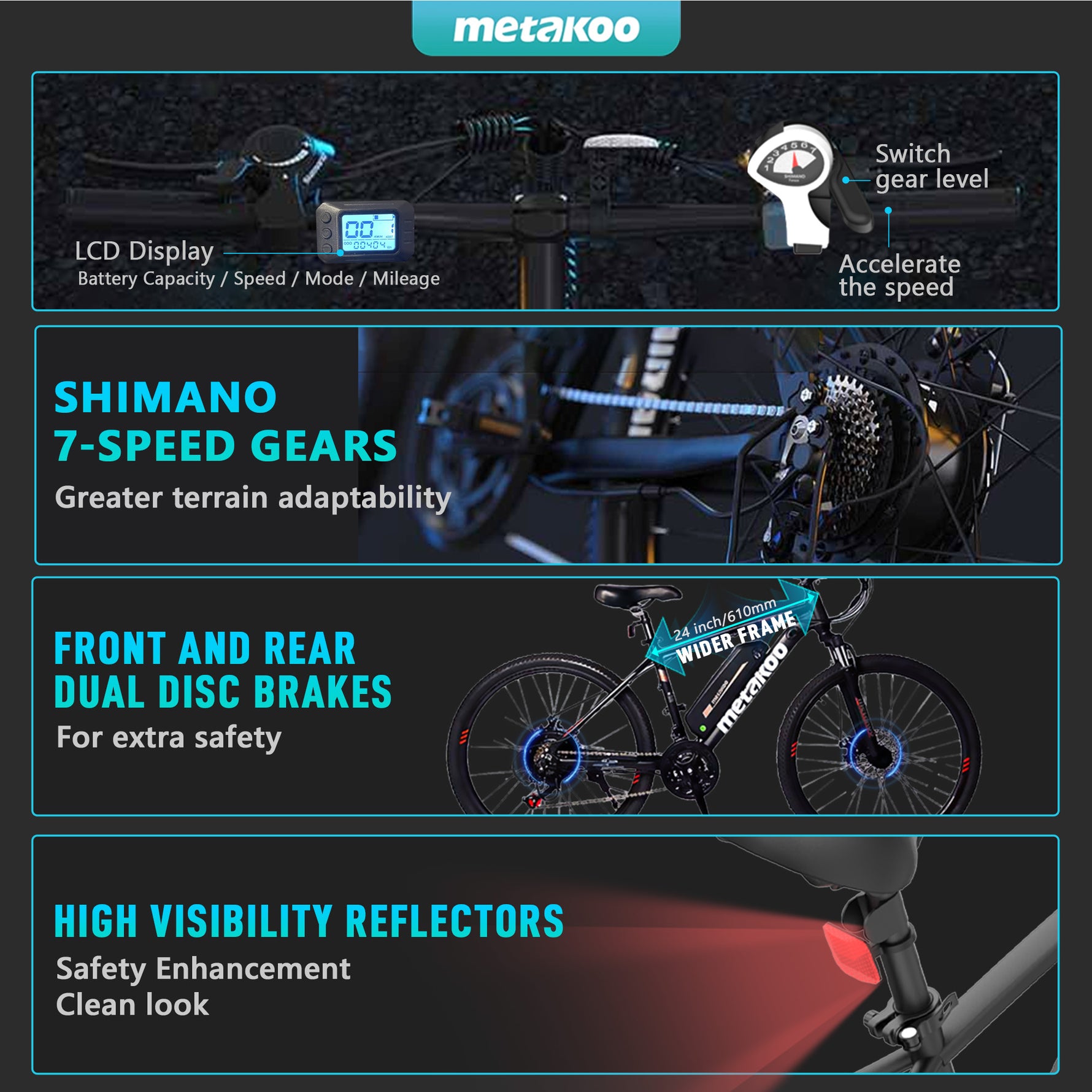 METAKOO Cybertrack 100 Electric Mountain Bike - 91KM PAS Range, 26” Tires