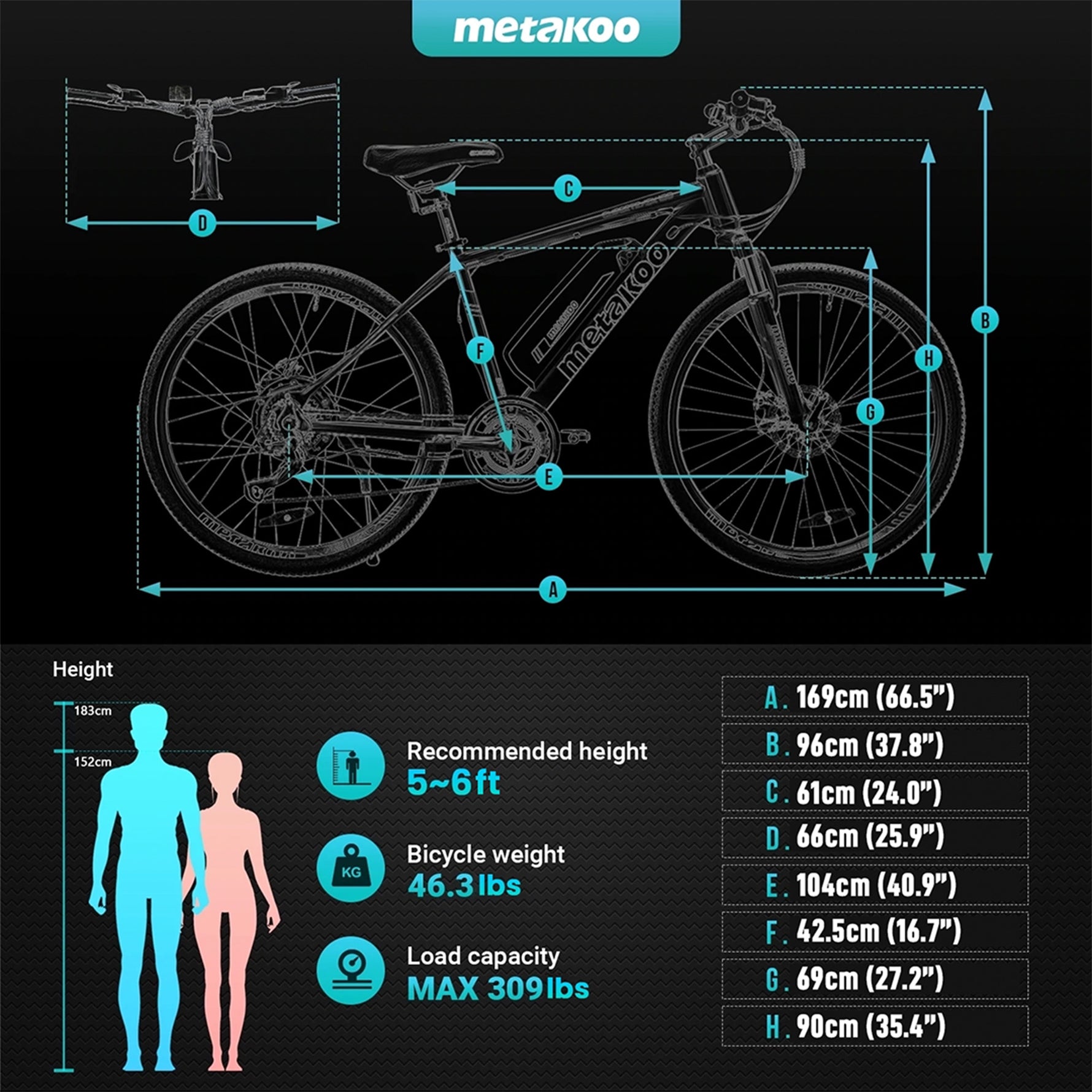 METAKOO Cybertrack 100 Electric Mountain Bike - 91KM PAS Range, 26” Tires