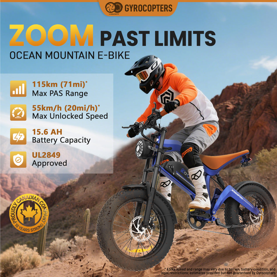Gyrocopters Ocean Mountain E-Bike | UL Approved | 1500W Peak Motor | 15.6Ah Battery | Up to 115km PAS Range | Triple-Suspension | GPS Tracker | SHIMANO 7-Speed | Hydraulic Disc Brakes | Anti-Theft GPS Tracker