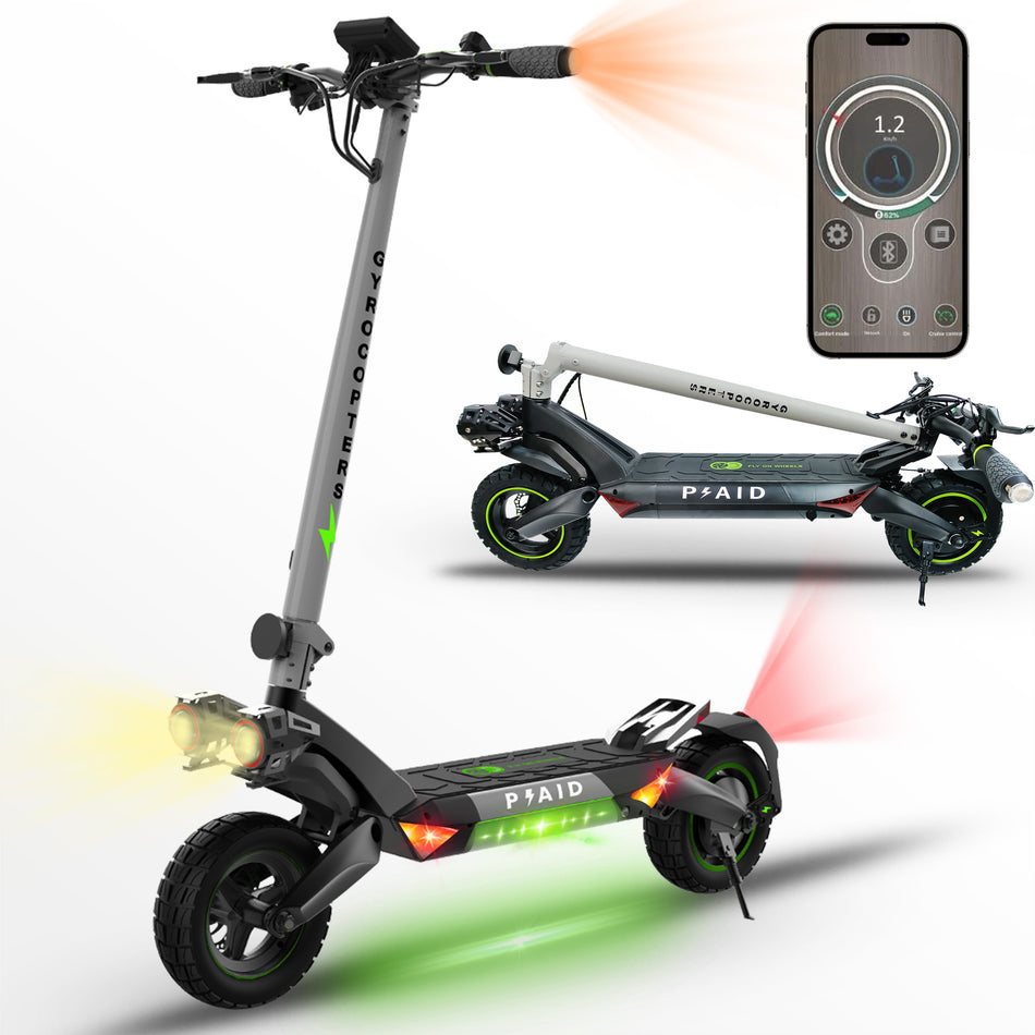 Gyrocopters Plaid Off Road Electric Scooter, 10” Tires, Speed Upto 42kmph/45kmph Long Range Upto 35Km/60km, Max Power 1000W Brushless Motor, Headlight, 360° Deck Light, Foldable Escooter, with App