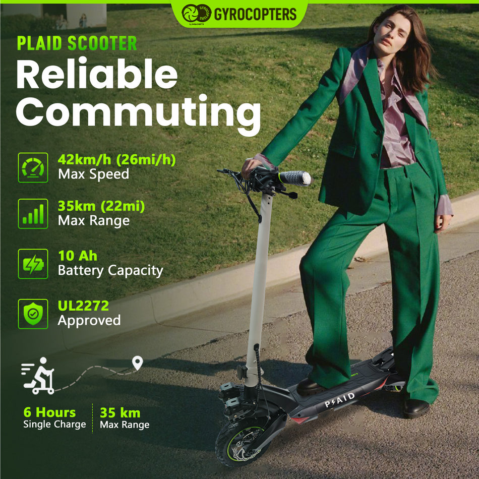Re-certified Gyrocopters Plaid Off Road Electric Scooter, 10” Tires, Speed Upto 42kmph/45kmph Long Range Upto 35Km/60km, Max Power 1000W Brushless Motor, Headlight, 360° Deck Light, Foldable Escooter, with App