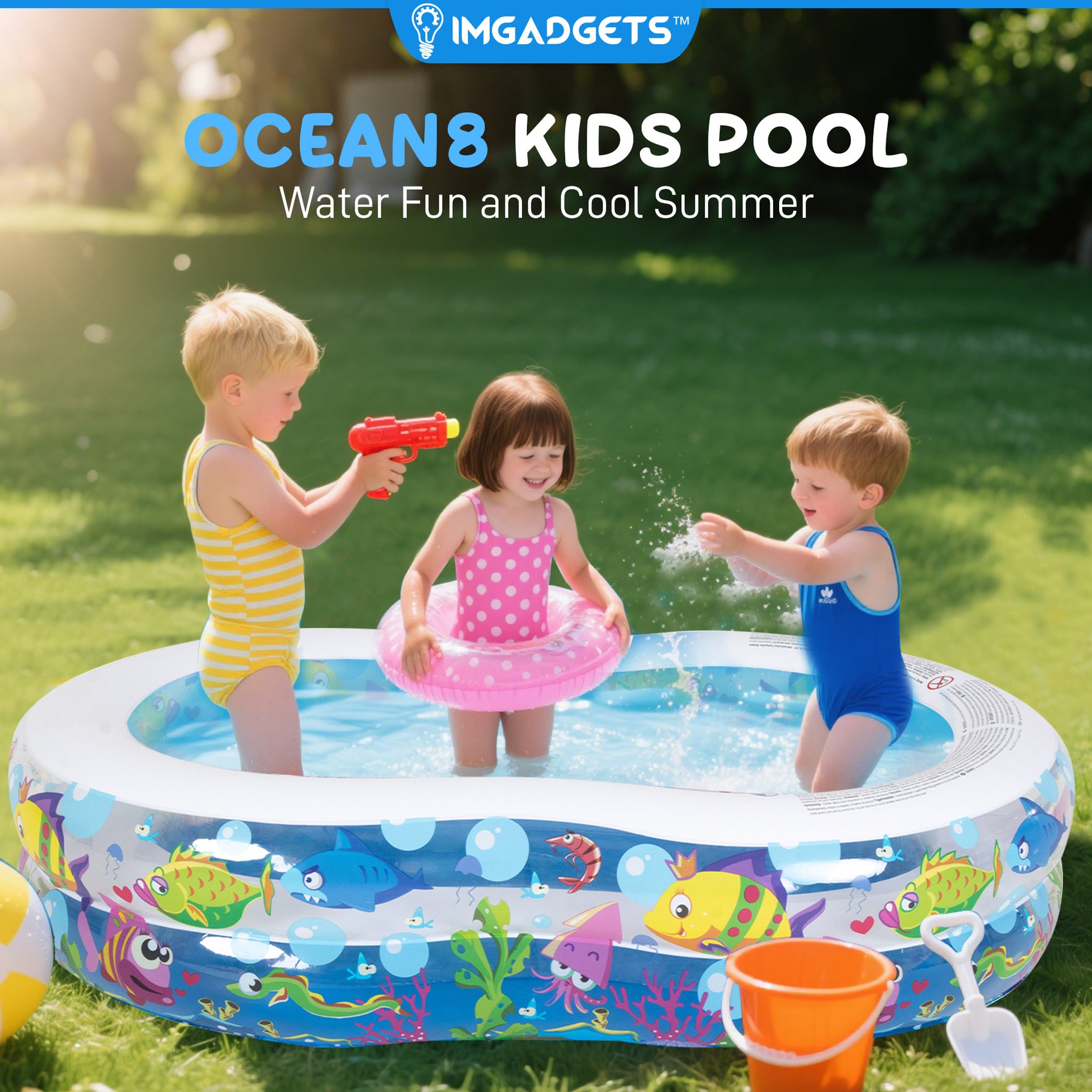 Piscine gonflable Ocean 8 pour enfants | Pataugeoire pour tout-petits | Piscine extérieure hors sol pour l'été | Piscine de jardin et de cour | 1,74 m x 1,07 m x 0,46 m (L x l x H)