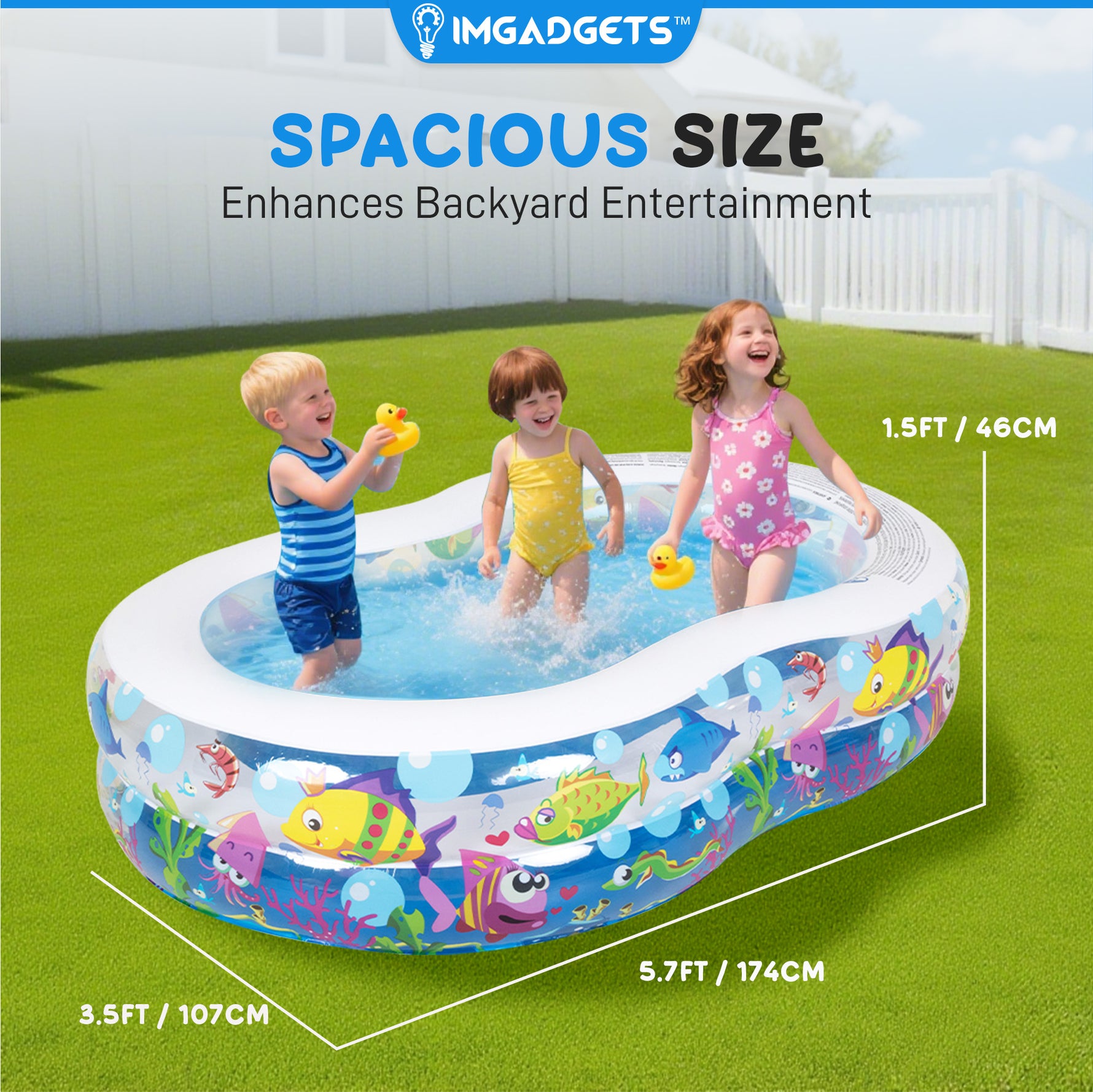 Piscine gonflable Ocean 8 pour enfants | Pataugeoire pour tout-petits | Piscine extérieure hors sol pour l'été | Piscine de jardin et de cour | 1,74 m x 1,07 m x 0,46 m (L x l x H)
