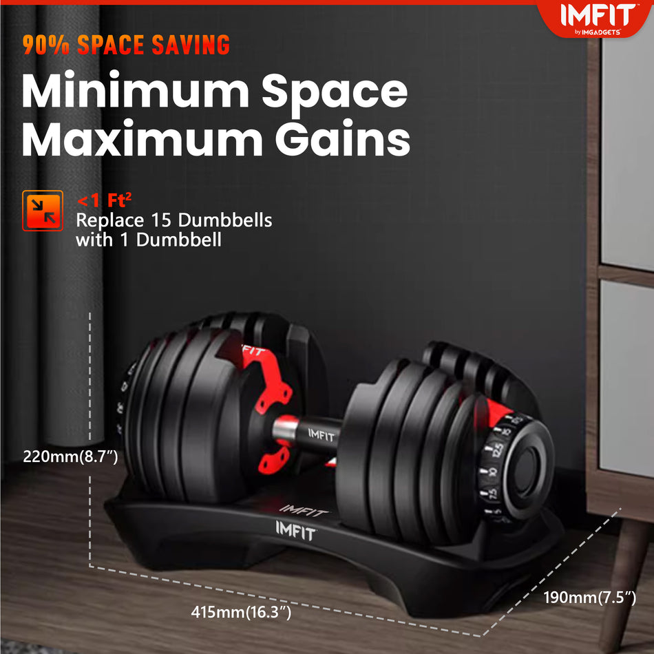 IMFit Adjustable Dumbbell Set (5 - 52.5 lbs) Single/ Pair(Set of 2) with Free Hand Grip | 15 Adjustable Weight Settings (Colour-Black) | Space Efficient Compact Design, Easily Switch Exercises