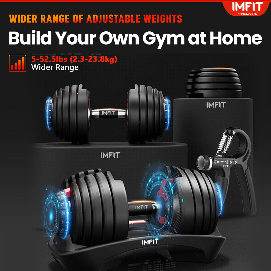IMFIT 5lb-52.5lb Adjustable Dumbbell with Free Hand Grip- Weight adjusts from 5 to 52.5 lbs. 15 Adjustable Weight Settings, Space Efficient Compact Design, Easily Switch Exercises