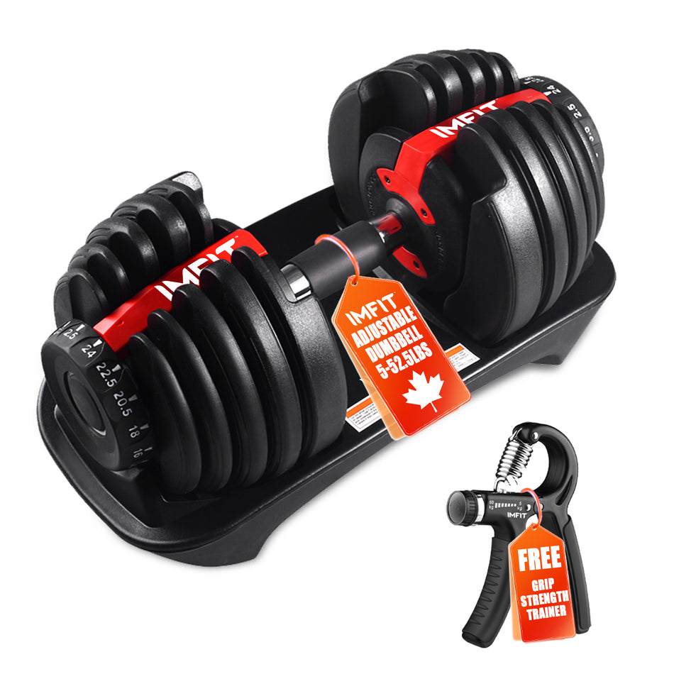 IMFIT 5lb-52.5lb Adjustable Dumbbell with Free Hand Grip- Weight adjusts from 5 to 52.5 lbs. 15 Adjustable Weight Settings, Space Efficient Compact Design, Easily Switch Exercises