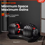 Pair of adjustable dumbbells on a stand with space-saving features highlighted, featuring the IMFIT brand.