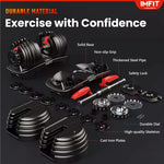 IMFIT adjustable dumbbell set with features highlighted on a dark background