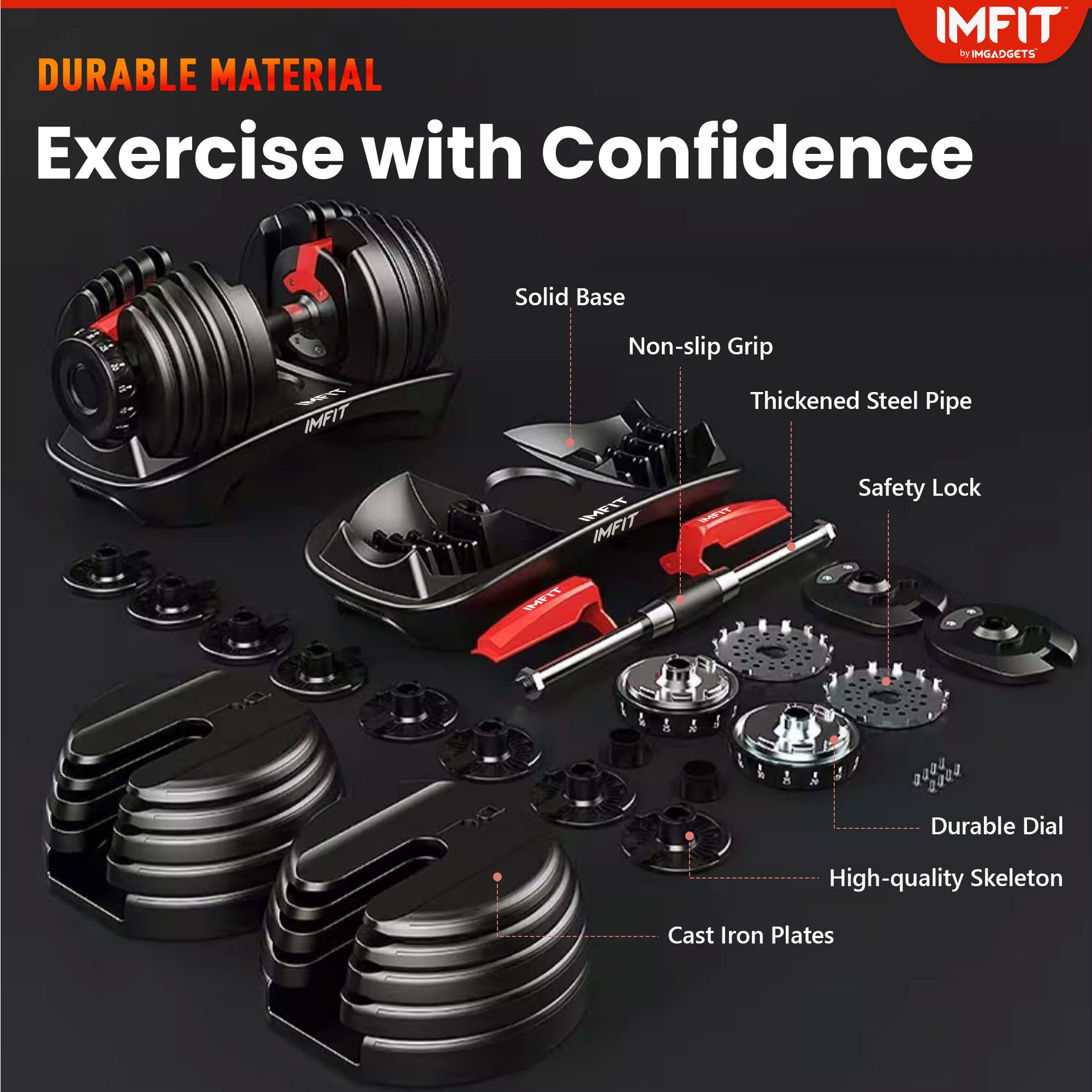 IMFIT adjustable dumbbell set with features highlighted on a dark background
