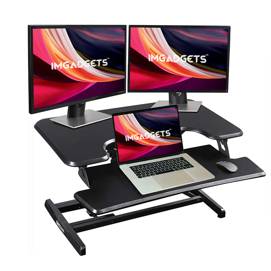 Adjustable Sit-Stand Desk Riser | 33" Wide Surface | 35 lbs Capacity | Ergonomic Height Range (4.3"–19.3") | Removable Keyboard Tray |  Non-Slip Base | Minimal Assembly | Wood & Metal Construction