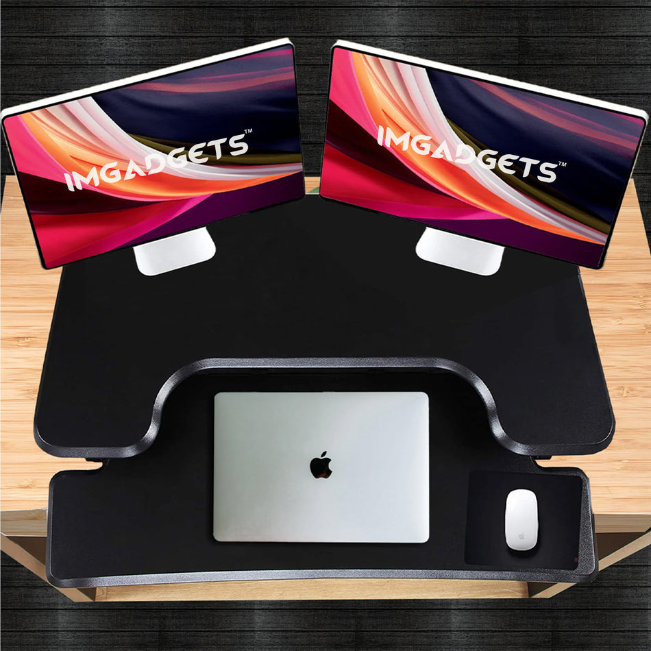 Adjustable Sit-Stand Desk Riser | 33" Wide Surface | 35 lbs Capacity | Ergonomic Height Range (4.3"–19.3") | Removable Keyboard Tray |  Non-Slip Base | Minimal Assembly | Wood & Metal Construction