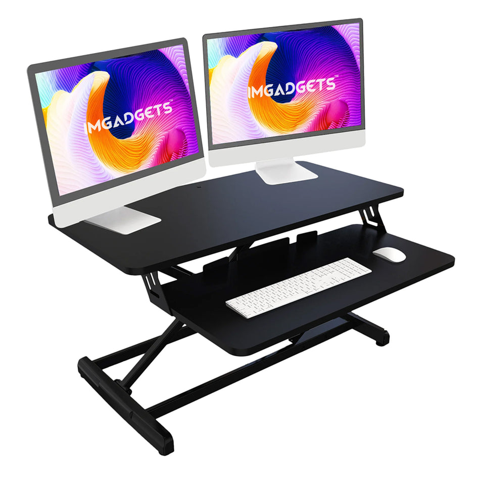 Adjustable Sit-Stand Desk Riser | 35" Wide Surface | 35 lbs Capacity | Ergonomic Height Range (4.3"–19.3") | Removable Keyboard Tray |  Non-Slip Base | Minimal Assembly | Wood & Metal Construction