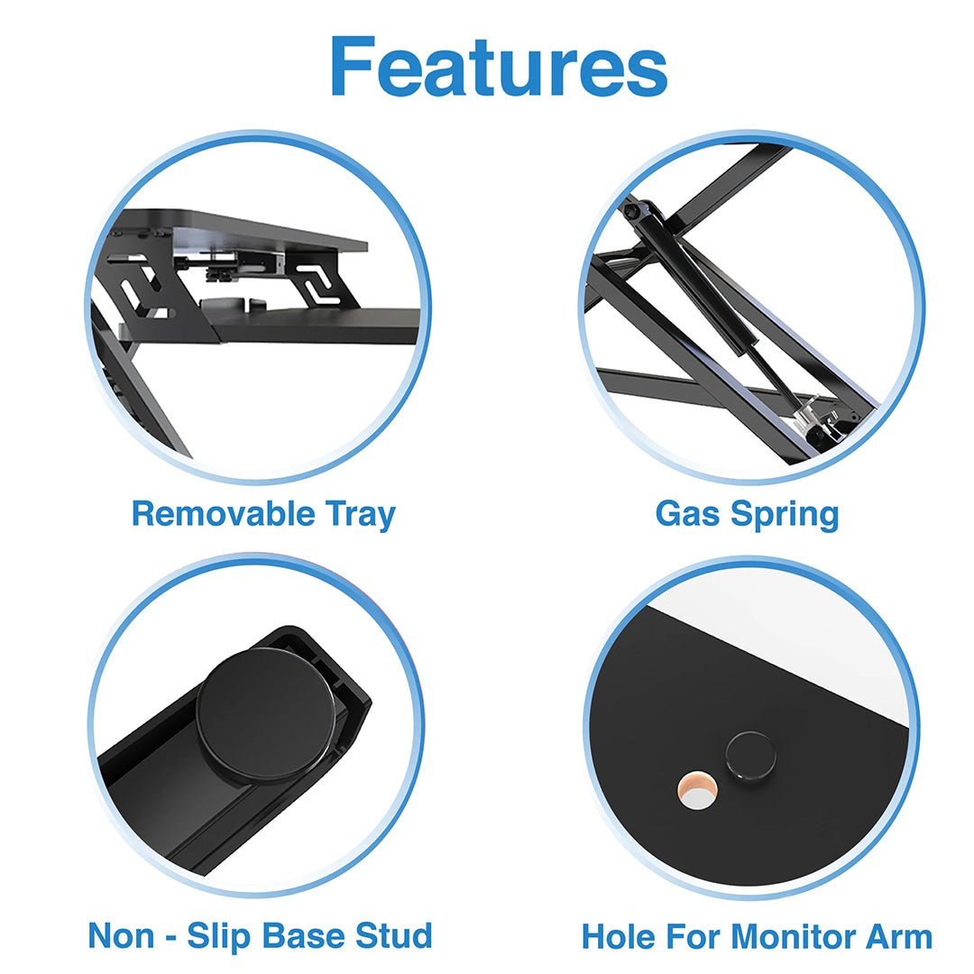 Rehausseur de bureau assis-debout réglable | Surface de 89 cm de large | Capacité de 16 kg | Hauteur ergonomique réglable (11 à 49 cm) | Plateau de clavier amovible | Base antidérapante | Assemblage minimal | Construction en bois et métal 