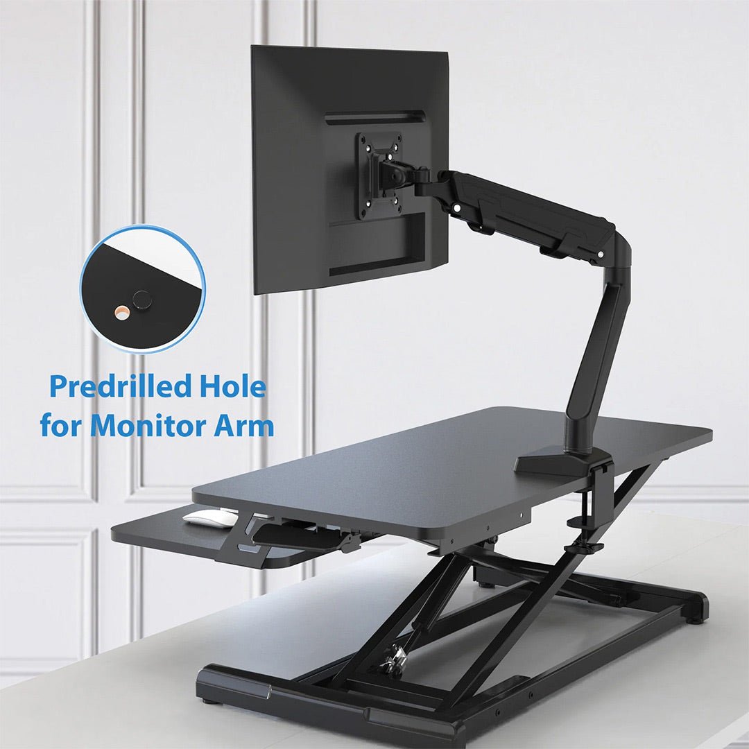 Rehausseur de bureau assis-debout réglable | Surface de 89 cm de large | Capacité de 16 kg | Hauteur ergonomique réglable (11 à 49 cm) | Plateau de clavier amovible | Base antidérapante | Assemblage minimal | Construction en bois et métal 