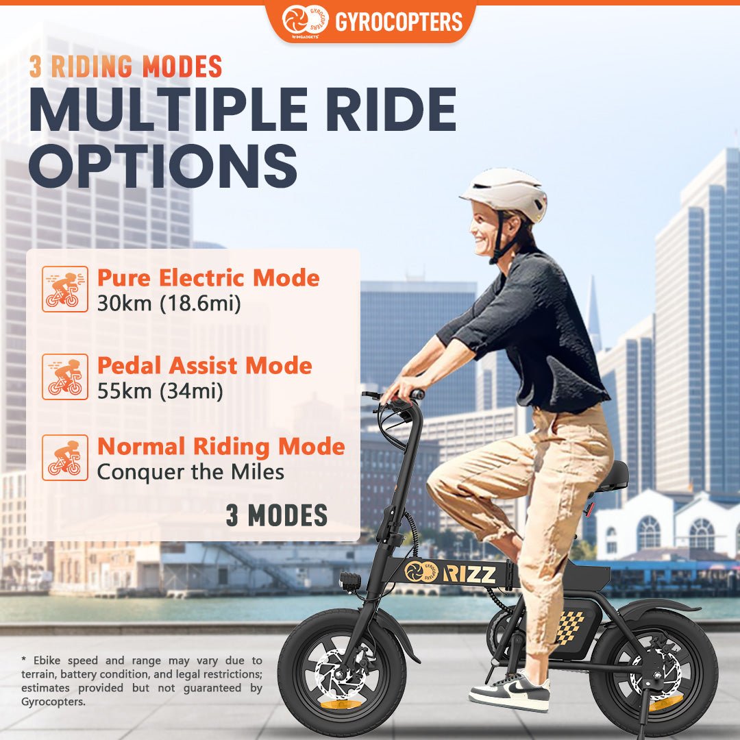 Gyrocopters Rizz Electric Bike for Adults/Teens | UL2849 Safe Folding Ebike | Peak 400W Brushless Motor 14*2 Inch Tires | Speed up to 25Km/h | Range up to 55Km | GPS tracker | Compact & Light E-bike with Disc Brakes