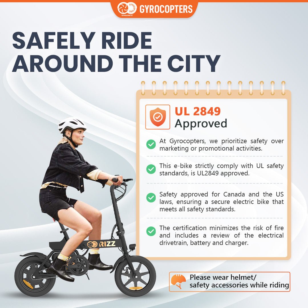 Gyrocopters Rizz Electric Bike for Adults/Teens | UL2849 Safe Folding Ebike | Peak 400W Brushless Motor 14*2 Inch Tires | Speed up to 25Km/h | Range up to 55Km | GPS tracker | Compact & Light E-bike with Disc Brakes