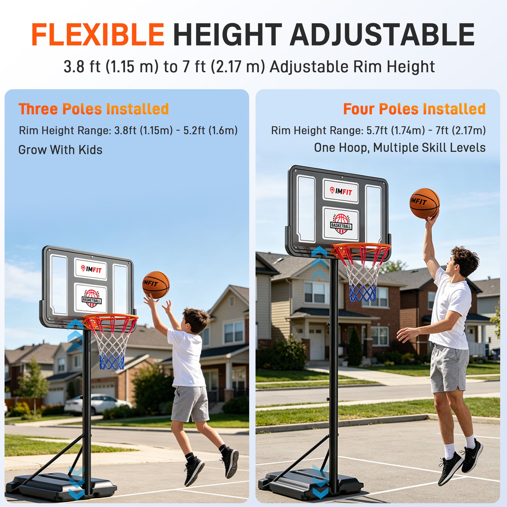 IMFIT Basketball Hoop - 3.8 to 7 ft Adjustable Height for Kids