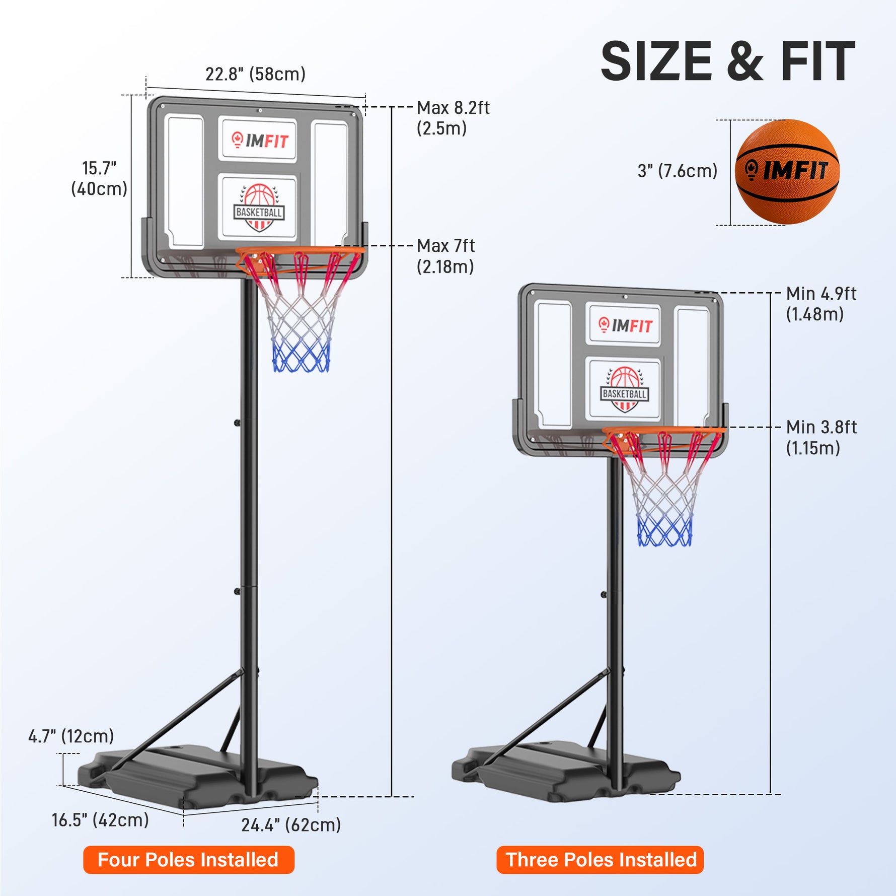 IMFIT Basketball Hoop - 3.8 to 7 ft Adjustable Height for Kids