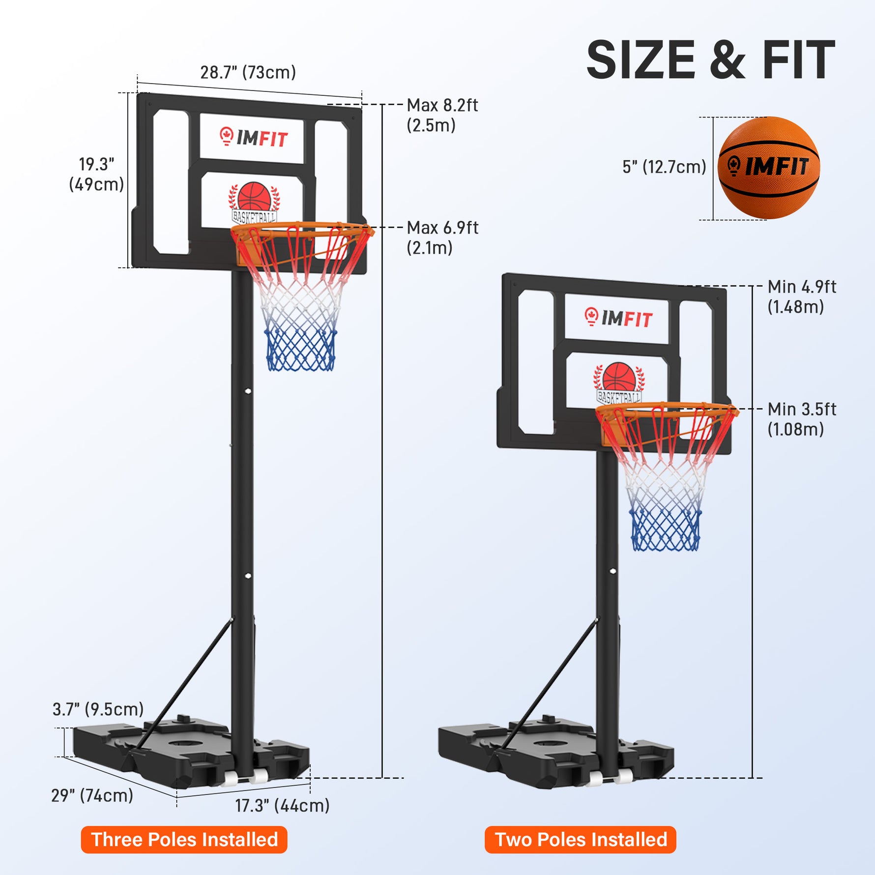 IMFIT Basketball Hoop - 3.5 to 6.9 ft Adjustable Height for Teens