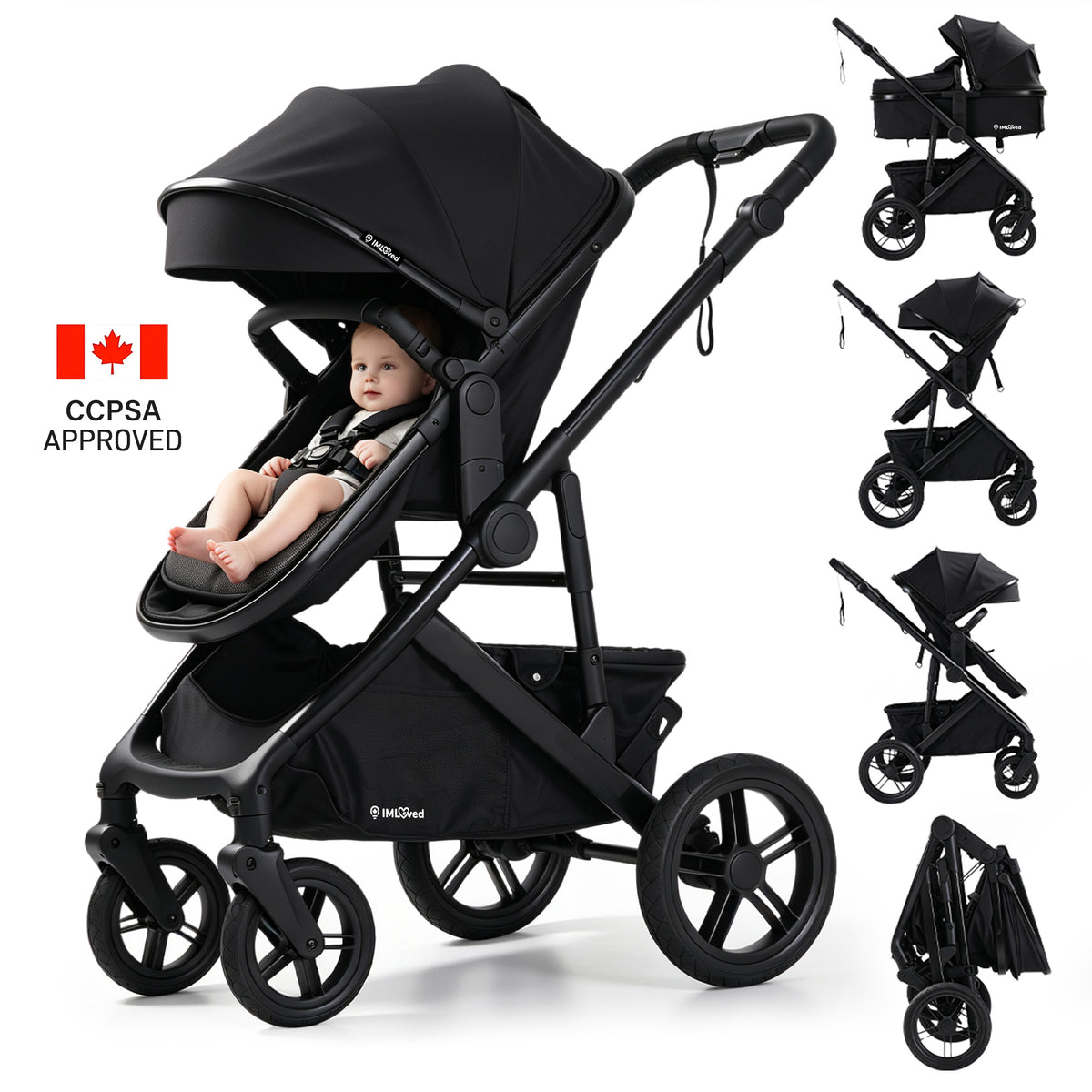 A black high-terrain baby stroller with a child seated inside, shown on a white background with smaller inset views of the stroller in folded positions and a Canadian CSAA approval badge with text on the left.