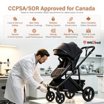 A black and brown baby stroller shown in a lab setting with a man in a white lab coat adjusting it. The top of the image features marketing text stating 'CCPSA/SOR Approved for Canada' with feature icons and the IMLoveD logo.