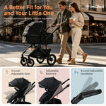 A man and woman walk across a city street pushing a black stroller, with promotional text at the top and three feature callouts at the bottom showing adjustable seat, backrest, and handlebar.