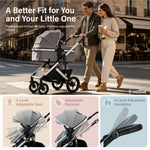 A man and a woman walk with a gray and black stroller on a city street, with marketing text at the top and three feature callouts at the bottom showing adjustable seat, backrest, and handlebar details.