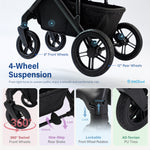 Promotional infographic for a black stroller showing its 4-wheel suspension system, with labeled wheels, feature callouts, and close-up detail panels on a light gray background.