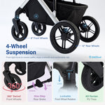 Promotional infographic for a stroller wheel system, showing a close-up of a black stroller with four wheels and text highlighting 8-inch front wheels, 12-inch rear wheels, 4-wheel suspension, swivel capability, one-step rear brake, lockable front wheel rotation, and all-terrain PU tires.